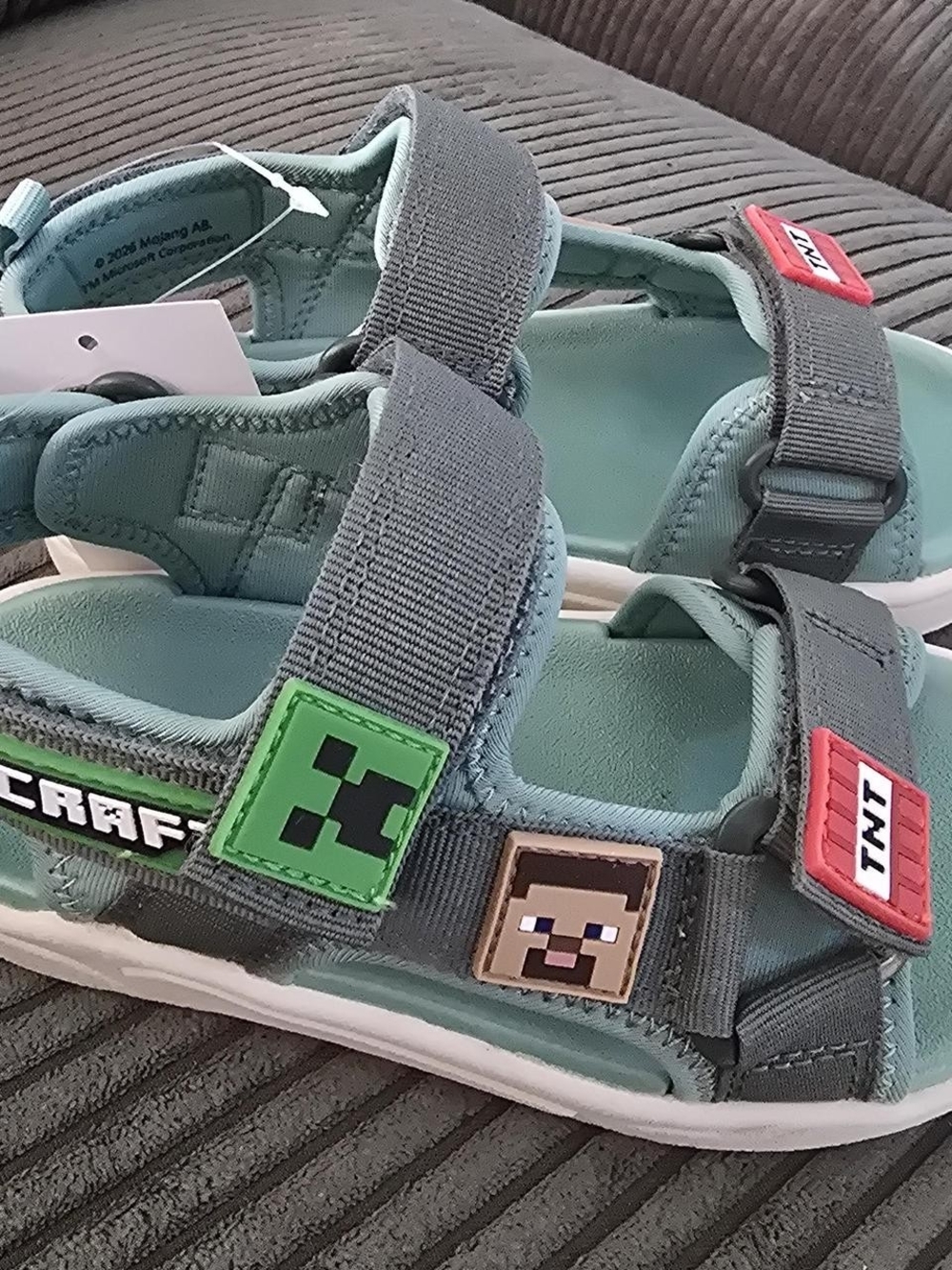 H&M Teal and Gray Kids' Minecraft Strap Sandals with Red Accents